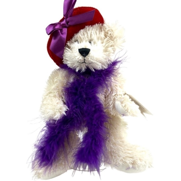 "RUBY" 1168 Plush Bear Red Hat Purple Boa Heart Detail Velvet Touch Collections - Picture 1 of 10